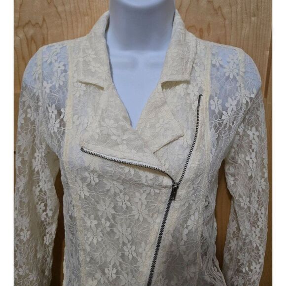 Floral Lace Cream Sheer Moto Jacket With Asymmetrical Zipper jr size M 10/12 - Picture 10 of 13